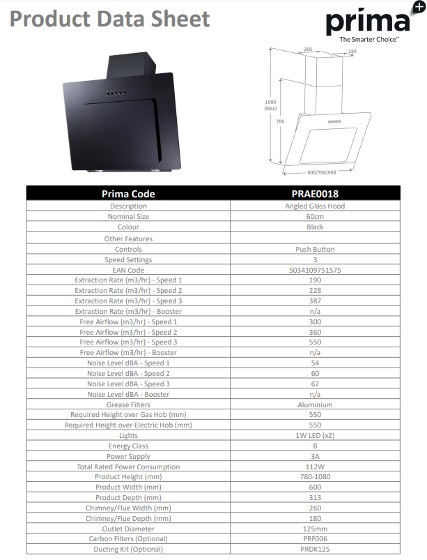 Prima 60/70/90CM ANGLED HOOD PRAE0018 / PRAE0020 / PRAE0022