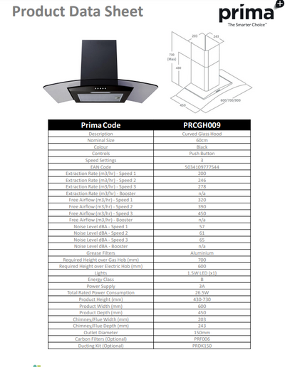 Prima 60CM BLACK CURVED GLASS CHIMNEY HOOD PRCGH009