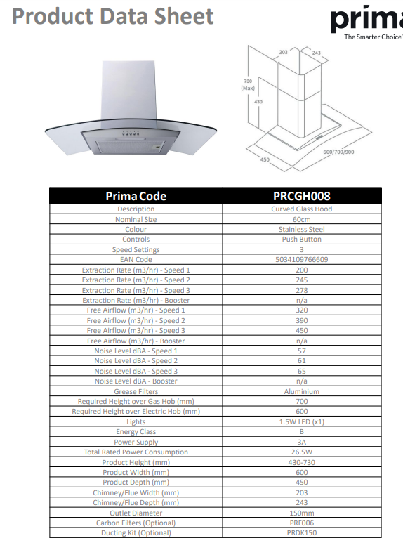 Prima 60CM STAINLESS STEEL CURVED GLASS CHIMNEY HOOD PRCGH008