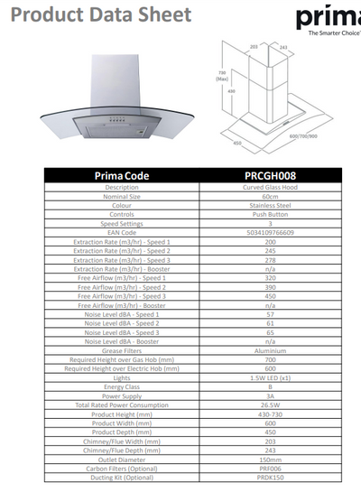 Prima 60CM STAINLESS STEEL CURVED GLASS CHIMNEY HOOD PRCGH008