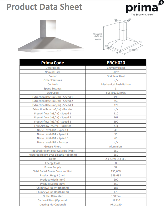 Prima 60CM STAINLESS STEEL CHIMNEY HOOD PRCH020