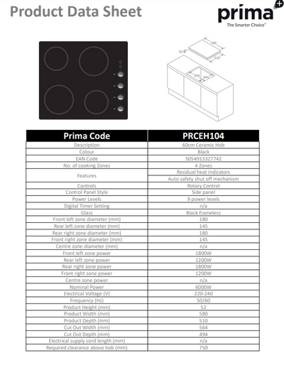 Prima 60CM CERAMIC HOB PRCEH104