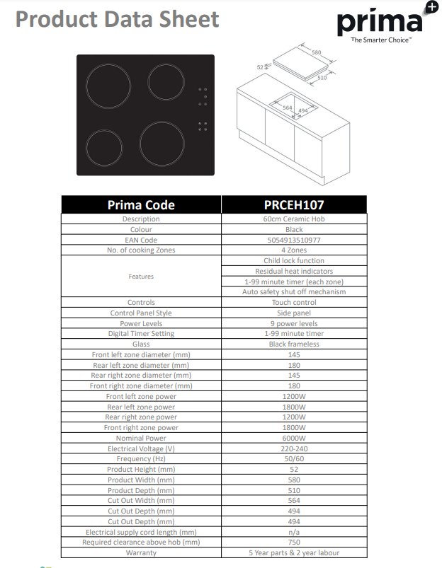 Prima 60CM CERAMIC HOB PRCEH107