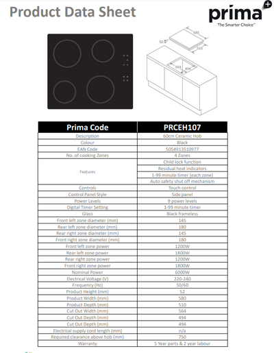 Prima 60CM CERAMIC HOB PRCEH107