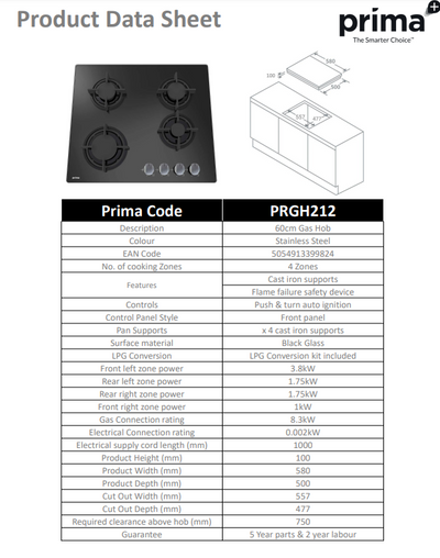 Prima 60CM GAS ON GLASS HOB PRGH212