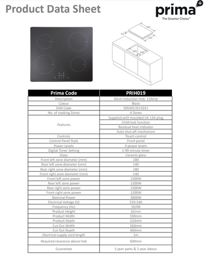 Prima 60CM INDUCTION HOB Includes 13 amp plug PRIH019