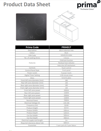 Prima 60CM INDUCTION HOB PRIH017