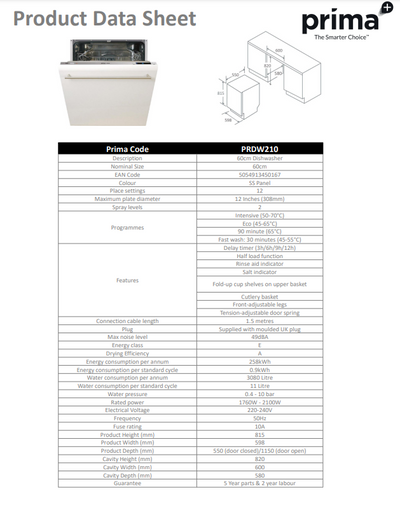 Prima 60CM INTEGRATED DISHWASHER PRDW210