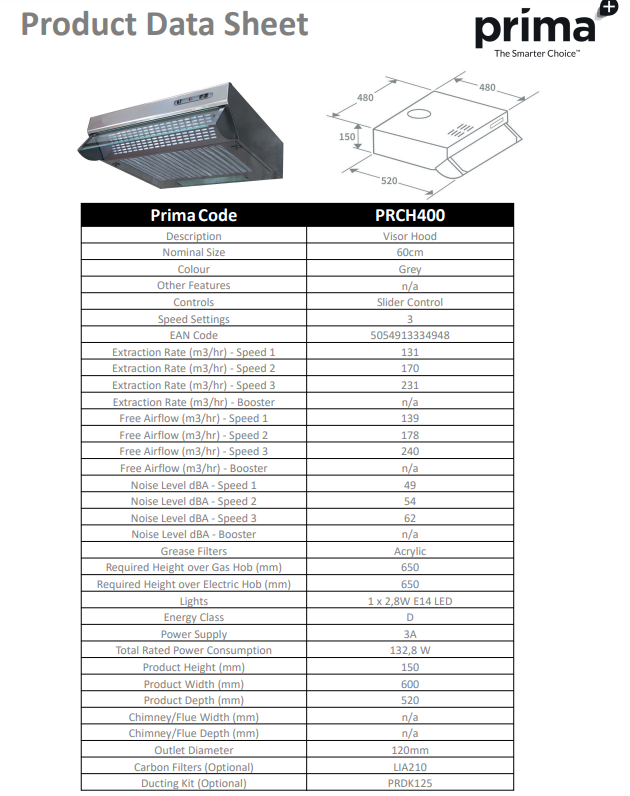 Prima 60CM SILVER VISOR HOOD PRCH400