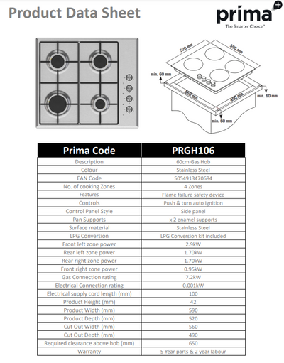 Prima 60CM STAINLESS STEEL GAS HOB PRGH106