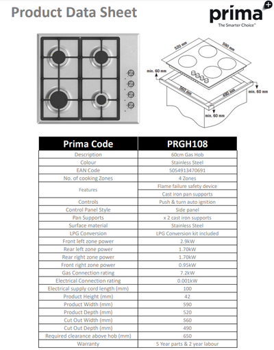 Prima 60CM STAINLESS STEEL GAS HOB PRGH108 with cast iron pan supports