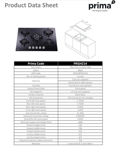 Prima 70CM GAS ON GLASS HOB PRGH214