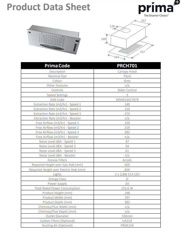 Prima 70CM GREY CANOPY HOOD PRCH701