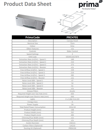 Prima 70CM GREY CANOPY HOOD PRCH701