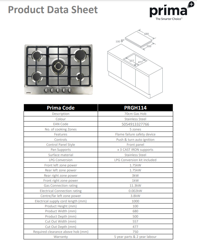 Prima 70CM STAINLESS STEEL GAS HOB PRGH114 with cast iron pan supports