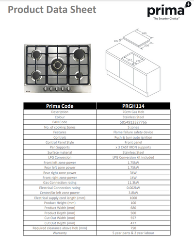 Prima 70CM STAINLESS STEEL GAS HOB PRGH114 with cast iron pan supports