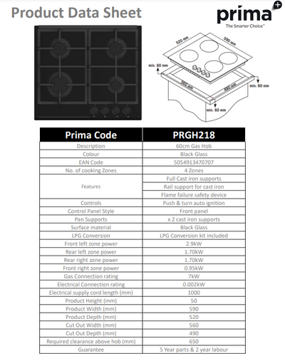 PRIMA+ 60CM GAS ON GLASS HOB PRGH218