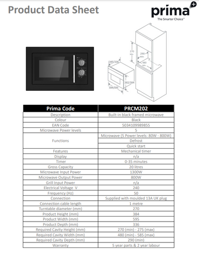 Prima BUILT-IN BLACK MICROWAVE PRCM202