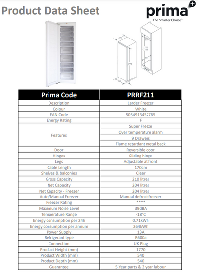 Prima BUILT-IN LARDER FREEZER PRRF211