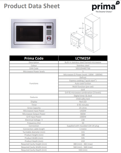 Prima BUILT-IN STAINLESS STEEL FRAMED MICROWAVE AND GRILL LCTM25F