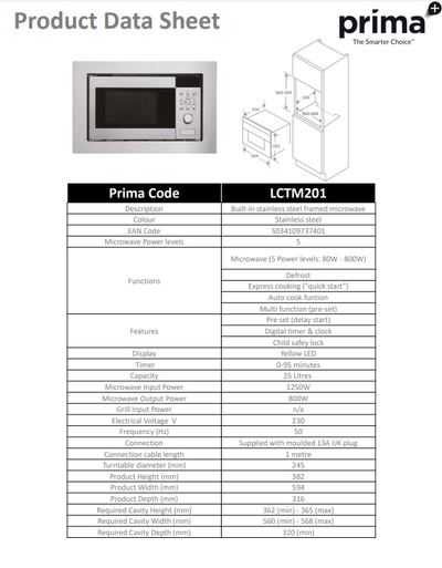 Prima BUILT-IN STAINLESS STEEL FRAMED MICROWAVE LCTM201