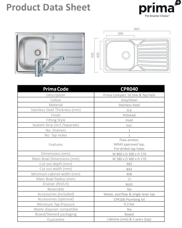 Prima Compact 1B Kitchen Sink & Single Lever Tap Pack - CPR040