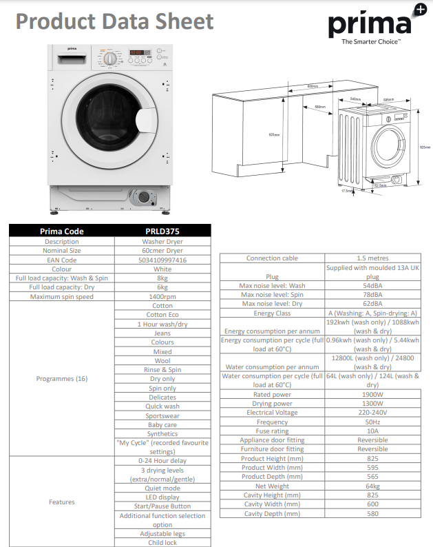 Prima INTEGRATED WASHER DRYER PRLD375