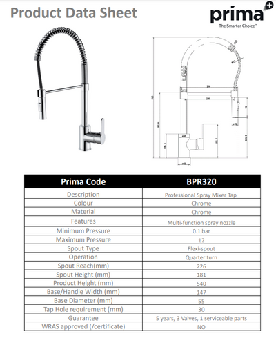 Prima Professional Single Lever Spray Mixer Tap - Chrome BPR320