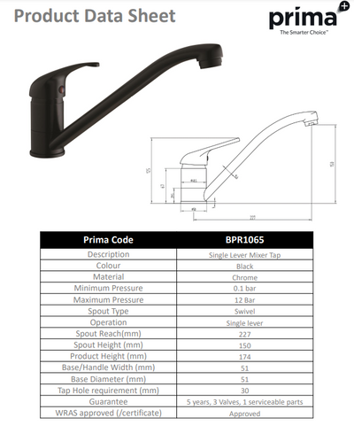 Prima Single Lever Mixer Tap - Black BPR1065