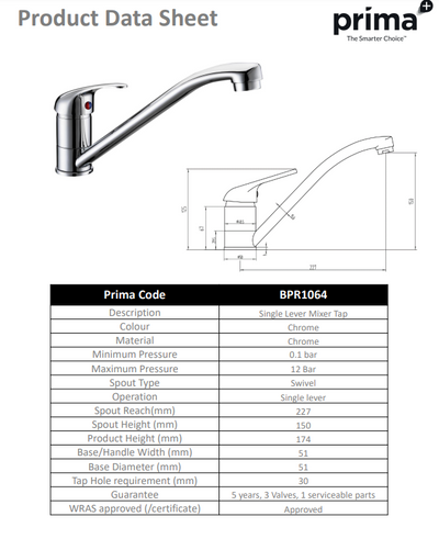 Prima Single Lever Mixer Tap - Chrome BPR1064