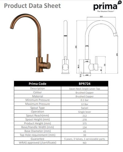 Prima Swan Neck Single Lever Mixer Tap - Copper BPR724