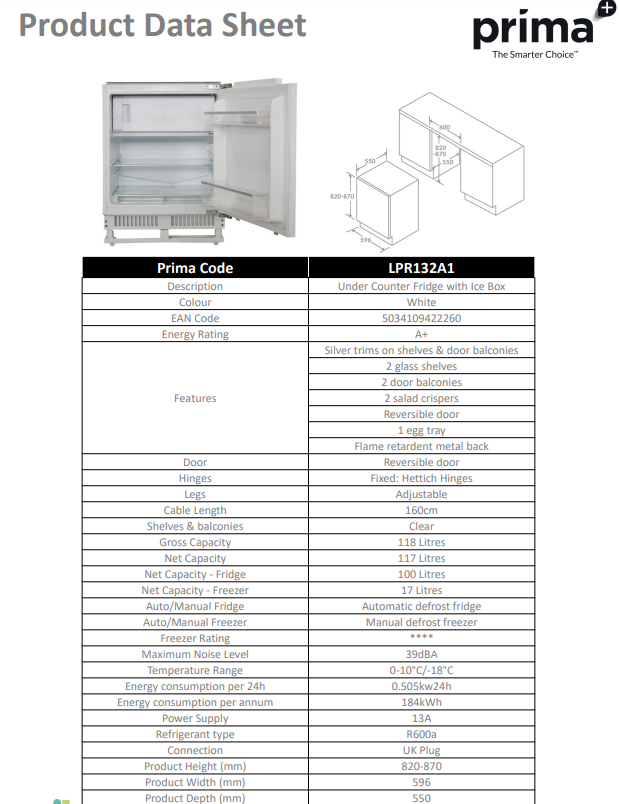 Prima UNDER COUNTER FRIDGE WITH ICE BOX LPR132A1