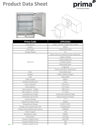 Prima UNDER COUNTER FRIDGE WITH ICE BOX LPR132A1