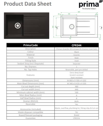 Prima+ 1 Bowl Granite Reversible Compact Inset Sink with Drainer - Black - CPR344