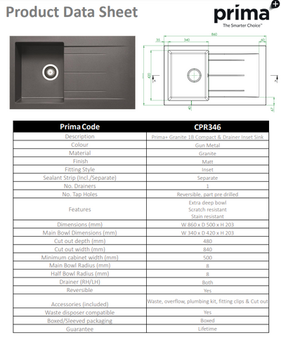 Prima+ 1 Bowl Granite Reversible Compact Inset Sink with Drainer - Gunmetal  - CPR346