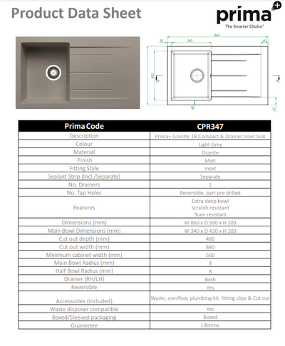 Prima+ 1 Bowl Granite Reversible Compact Inset Sink with Drainer - Light Grey- CPR347