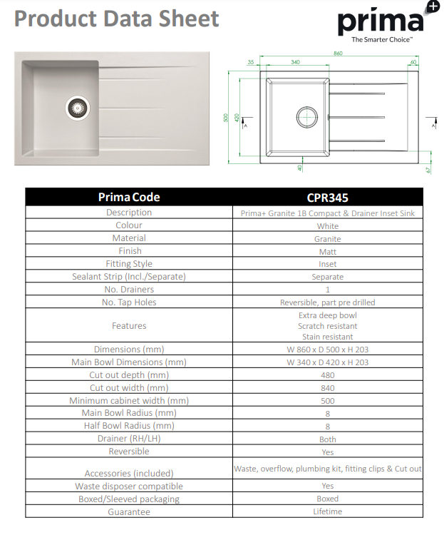 Prima+ 1 Bowl Granite Reversible Compact Inset Sink with Drainer - White- CPR345