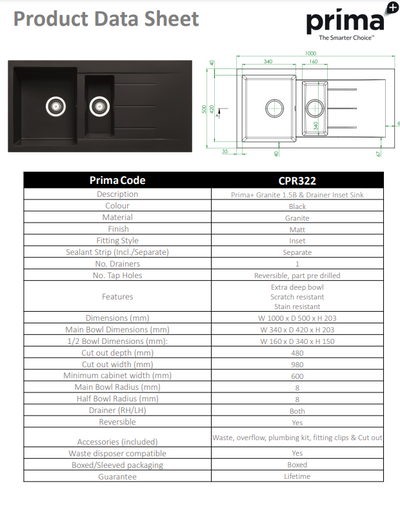 Prima+ 1.5 Bowl & Drainer Inset Granite Kitchen Sink - Black - CPR322