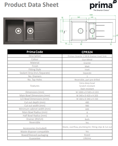 Prima+ 1.5 Bowl & Drainer Inset Granite Kitchen Sink - Gunmetal - CPR324