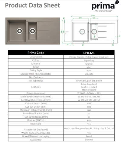 Prima+ 1.5 Bowl & Drainer Inset Granite Kitchen Sink - Light Grey- CPR325