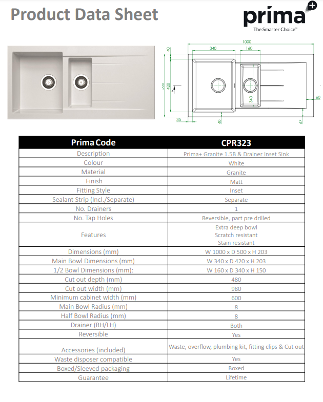 Prima+ 1.5 Bowl & Drainer Inset Granite Kitchen Sink - White- CPR323