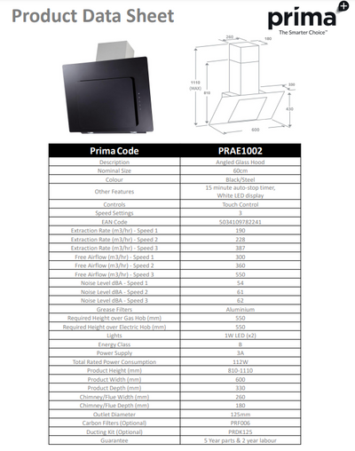 PRIMA+ 60CM STAINLESS STEEL/GLASS ANGLED HOOD PRAE1002