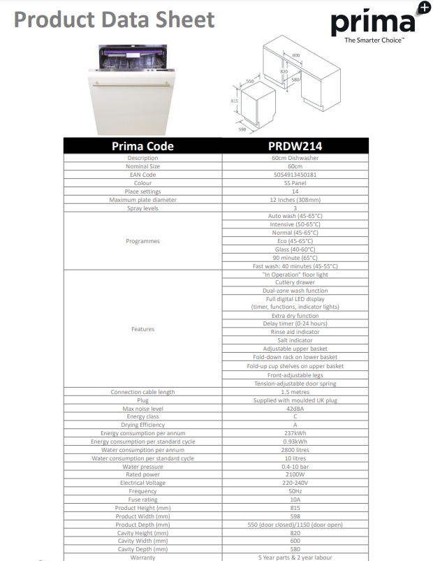 PRIMA+ 60CM INTEGRATED DISHWASHER PRDW214