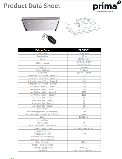 PRIMA+ 90CM CEILING HOOD PRCH301