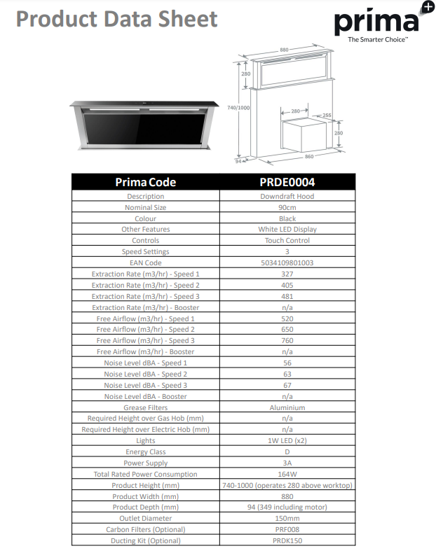 PRIMA+ 90CM DOWNDRAFT HOOD PRDE0004