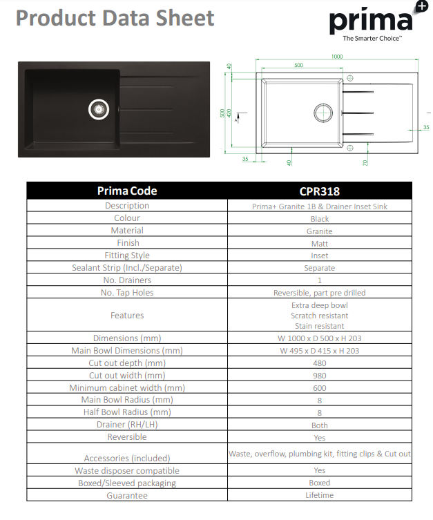 Prima+ Granite 1B & Drainer Inset Sink - Black CPR318