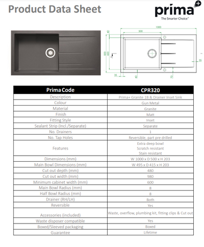 Prima+ Granite 1B & Drainer Inset Sink - Gunmetal CPR320