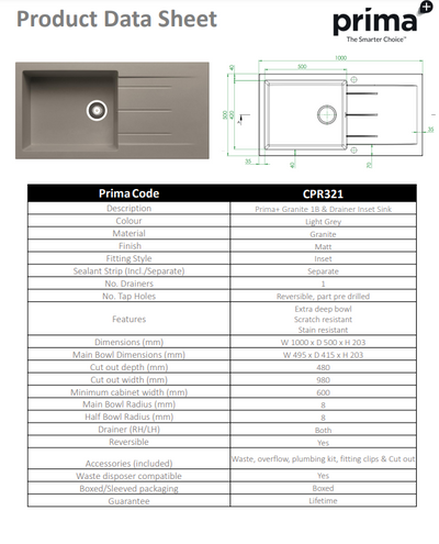 Prima+ Granite 1B & Drainer Inset Sink - Light Grey CPR321