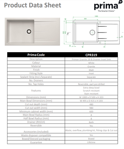 Prima+ Granite 1B & Drainer Inset Sink - White CPR319