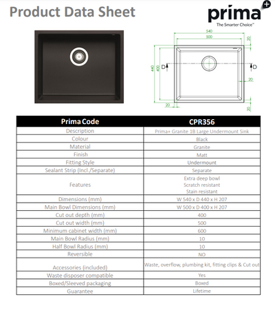 Prima+ Granite 1B Undermount Sink - Black - CPR356